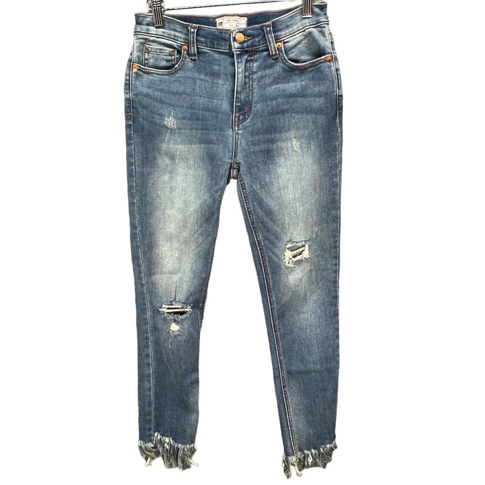 Free People Great Heights Jeans Womens 26 Blue Frayed Skinny Distressed Stretch‎